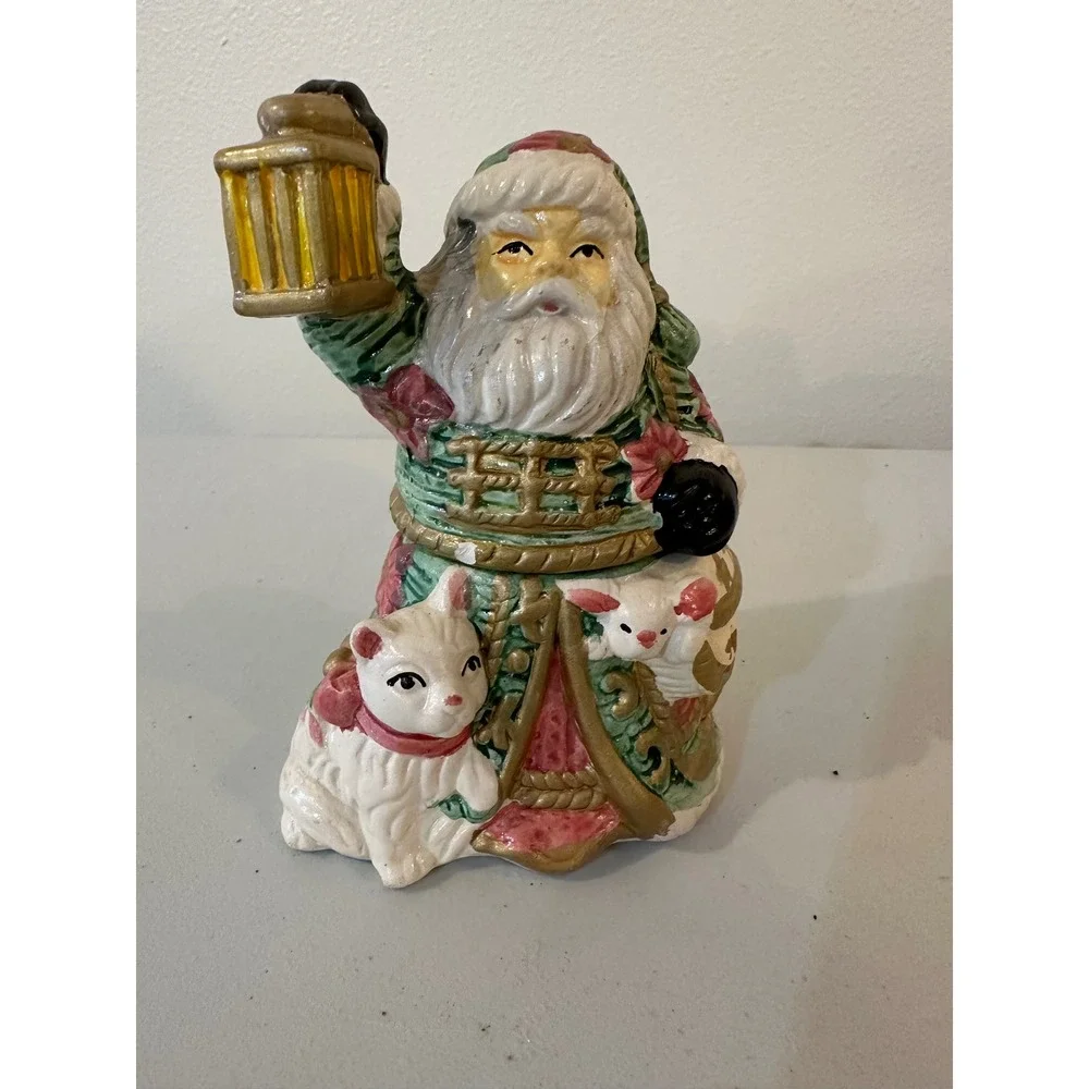 Vintage Ceramic Santa Claus Salt and Pepper Shakers Green Floral with Cats